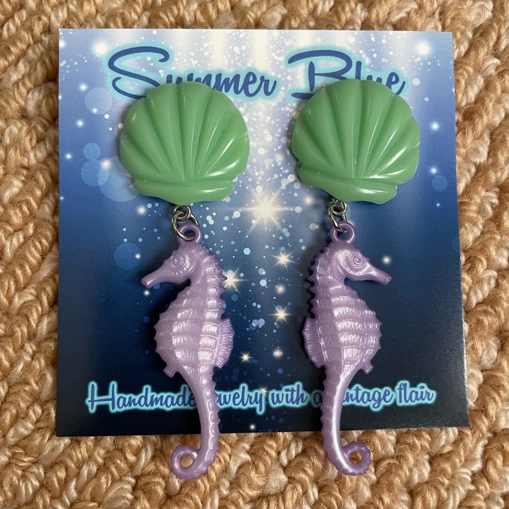 Beyond the Sea - Lucite Seahorse & Shell Earrings Aqua & Lavender Purple. New